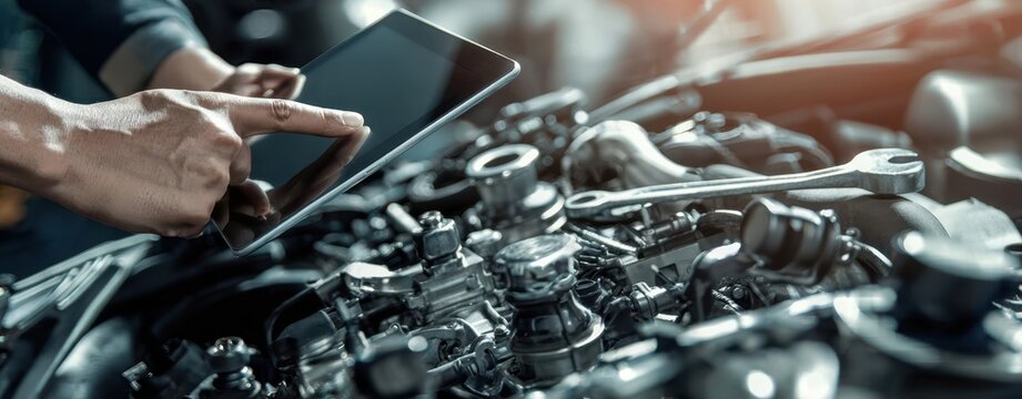 The car engine being diagnosed with a digital tablet by a mechanic