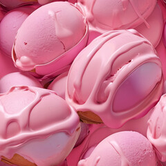 A messy composition of melting pink ice cream scoops and waffle cones overflowing across a pink background