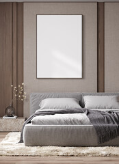 Wooden frame mockup in modern interior background with cozy bed, 3d render