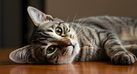 Cute tabby cat lying on wooden table indoors under soft warm light — cozy domestic feline portrait, relaxed pet resting at home