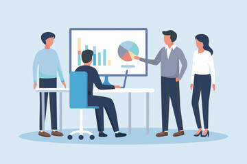 Diverse team of professionals collaborating around a computer screen displaying financial charts and graphs during a meeting