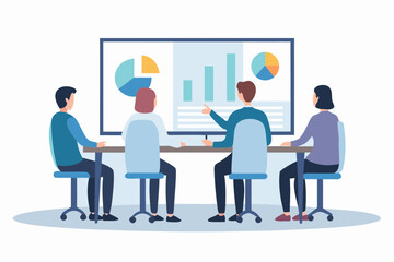 Diverse team of professionals collaborating around a table during a business meeting presenting data charts on a screen