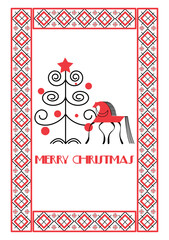 Christmas vector greeting card in folk art design with horse and christmas tree. Christmas graphic ornament in folklore style. Design illustration for cover, print, poster, wallpaper