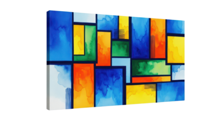 Abstract geometric painting with blue, yellow, green, and orange rectangles isolated PNG with Transparent Background