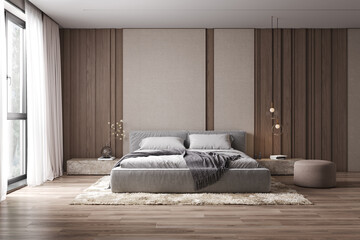 Front view minimalistic bedroom interior mockup, 3d render