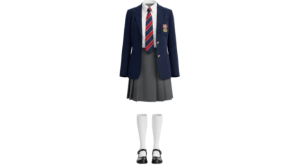 School uniform for girls with a blazer, pleated skirt, tie, socks, and shoes isolated PNG with Transparent Background