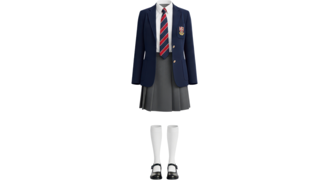 School uniform for girls with a blazer, pleated skirt, tie, socks, and shoes isolated PNG with Transparent Background
