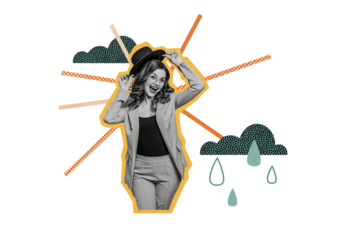 Collage image artwork of cheerful happy lovely lady wear suit hat autumn season clothes isolated on painted background