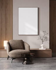 Mockup poster frame in modern living room interior with armchair, 3d rendering