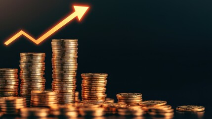 A stack of coins with a rising arrow symbolizes financial growth and investment opportunities in a dark background.