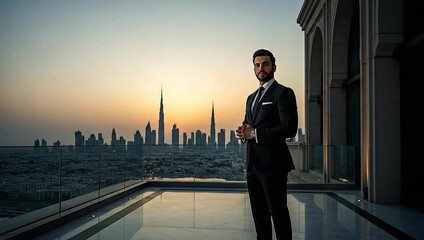 A man in a suit stands on a rooftop, overlooking a city skyline at sunset. His expression is serene