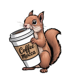 3d rendered illustration of a cute squirrel holding a coffee cup isolated on transparent background