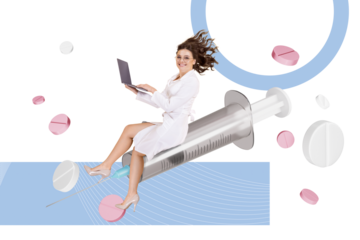 Composite photo collage of happy medic girl fly syringe injection vaccine covid prevention drug recipe isolated on painted background