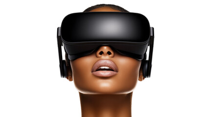 VR headset on person's face, transparent backdrop