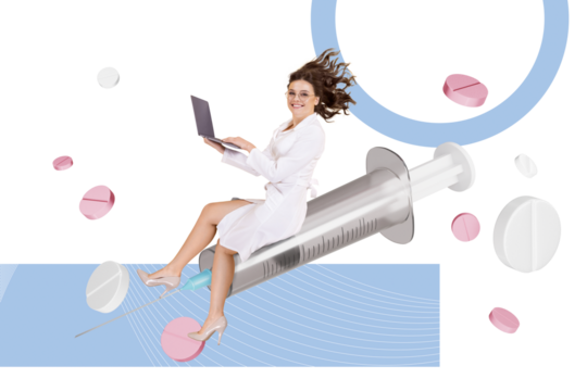 Composite photo collage of happy medic girl fly syringe injection vaccine covid prevention drug recipe isolated on painted background
