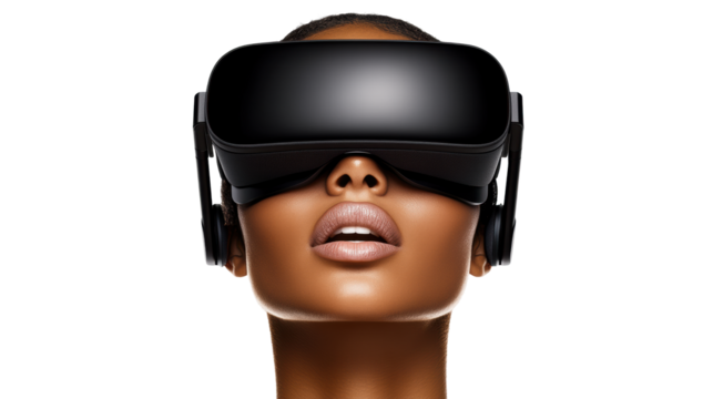 VR headset on person's face, transparent backdrop