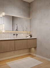 Modern bright bathroom interior with wooden furniture, sink with mirror, 3d rendering