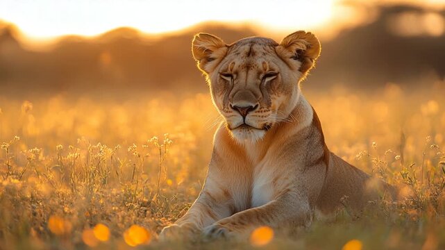 Majestic Lioness Resting in Golden Hour Savannah Light.