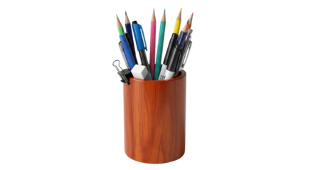 Wooden pen and pencil holder with stationery supplies isolated PNG with Transparent Background