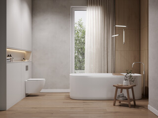 Wood and plastered wall bathroom interior with bathtub, window, and shelf with bath accessories, 3d rendering