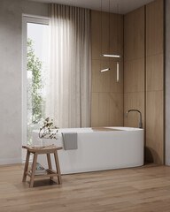 modern bathroom interior with tub and wooden stand sink, mirror, bath accessories, 3d rendering