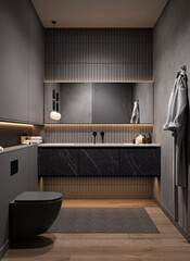 Modern dark bathroom interior with black marble surfaces, soft LED lighting and elegant minimalist design, 3d rendering