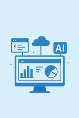 Flat vector illustration of AI data analytics and cloud computing concept with computer screen, chart, and coding interface.