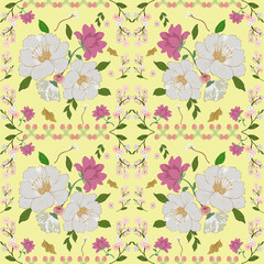 Abstract ethnic floral fabric pattern, yellow background for textile, clothes, curtains, carpets, pillows, bags, decoration, vector illustration.