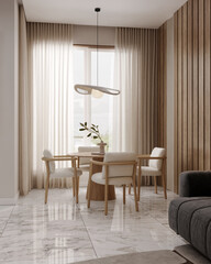 Interior design of modern dining room or living room, wooden table and chairs. 3d rendering