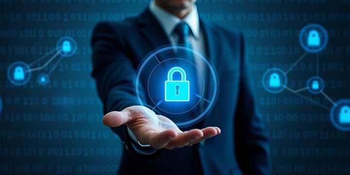 Man in suit holding a glowing digital padlock icon with binary code background security protection