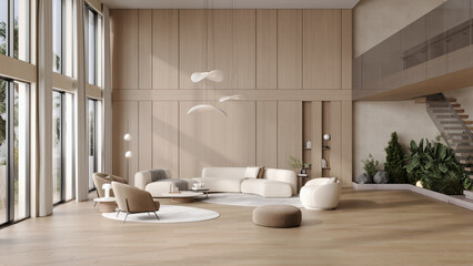 Luxury modern villa interior with wooden walls, soft beige sofas, designer lamps, panoramic windows and elegant minimalist decor, 3d rendering