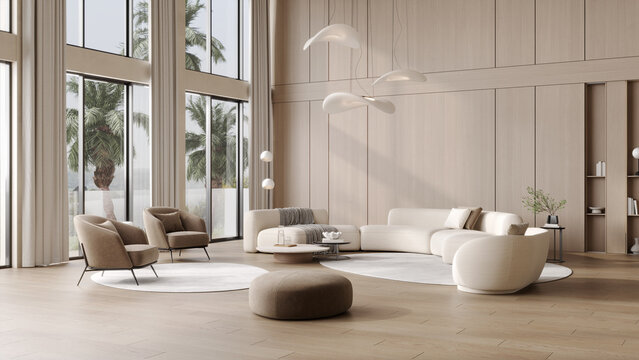 Luxury modern villa interior with wooden walls, soft white sofas, designer lamps, panoramic windows and elegant minimalist decor, 3d rendering