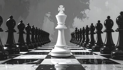 White king amidst black chess pieces