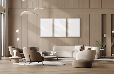 Three poster frames in modern living room with sofa, 3d render