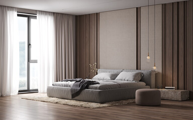 Modern minimalistic bedroom interior design, 3d visualization