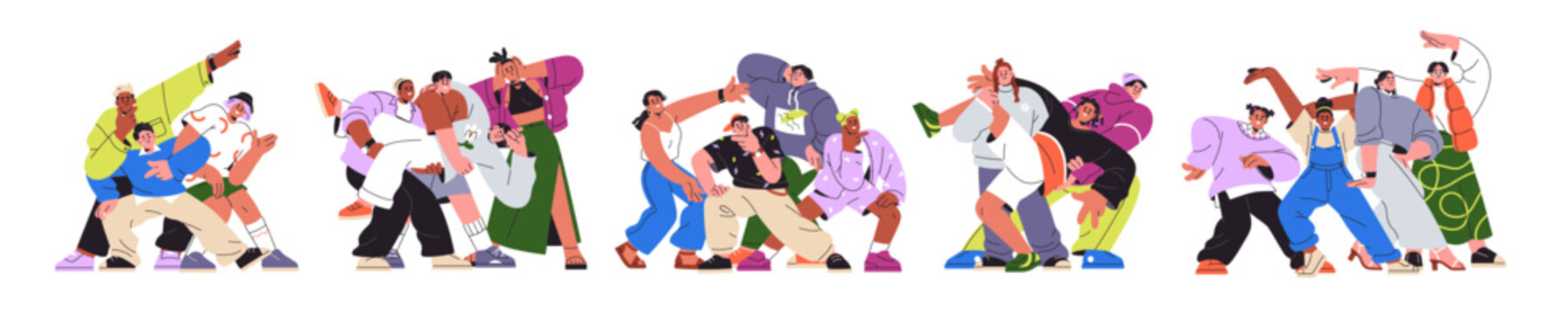 Happy friends posing together, set. Young people groups, teams standing for portrait photo, smiling, laughing with fun. Friendship concept. Flat vector illustration isolated on white background.