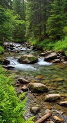 Fototapeta premium Lush green forest surrounds a clear mountain stream flowing over rocks.