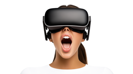 VR headset on excited woman with open mouth on transparent background