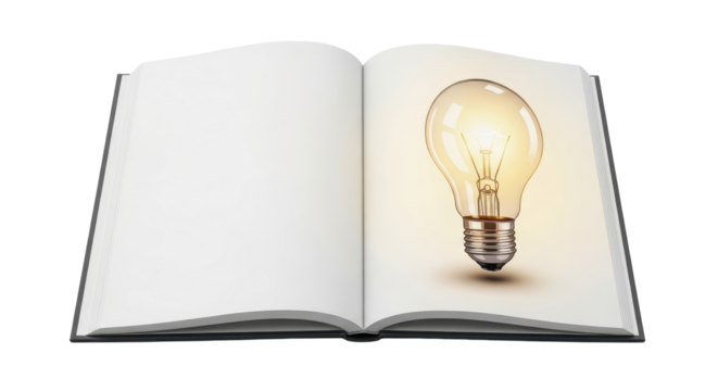 Open book with illustration of a light bulb isolated PNG with Transparent Background