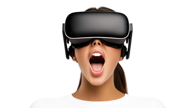 VR headset on excited woman with open mouth on transparent background