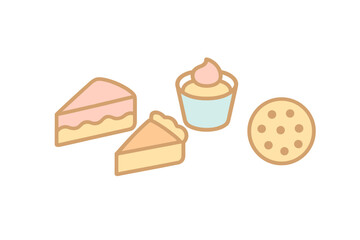 Assortment of baked goods including cake slices, creamy cupcake, and round cookie in soft pastel colors