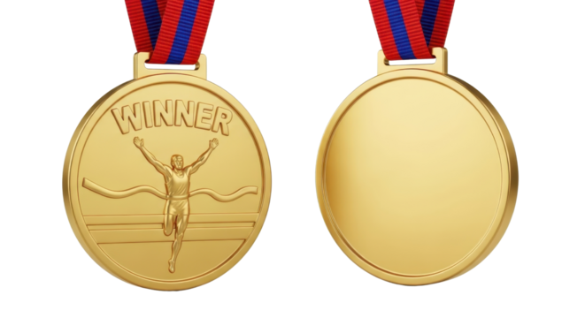 Gold medals showing the word WINNER and a person crossing finish line isolated PNG with Transparent Background