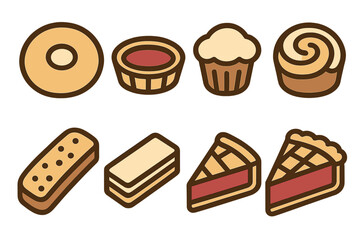 Collection of various sweet baked goods including pie, donut, cupcake, and cookies