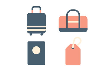 Travel and vacation essentials including rolling luggage, duffel bag, passport, and baggage tag