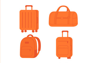 Set of orange travel luggage including rolling suitcases, duffel bag, and backpack