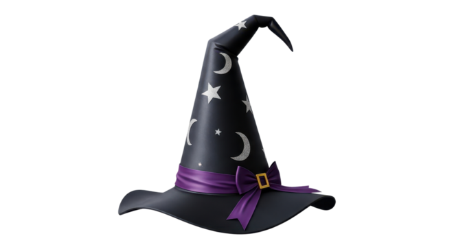Witch hat decorated with moons and stars for Halloween isolated PNG with Transparent Background