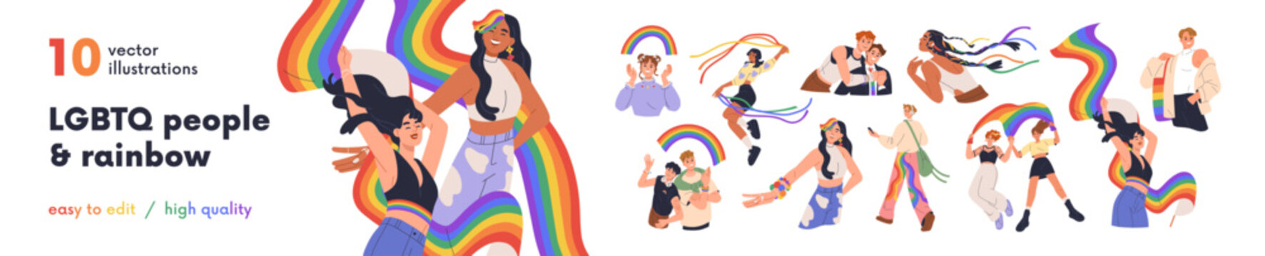 LGBTQ people set. Happy gays and lesbians, homosexual couples celebrating love, pride month. LGBT characters with rainbow flags and symbols. Flat vector illustration isolated on white background.