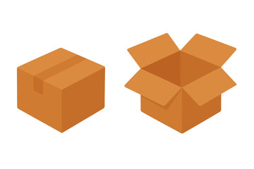 Two brown cardboard boxes in isometric view, one sealed and one open for shipping