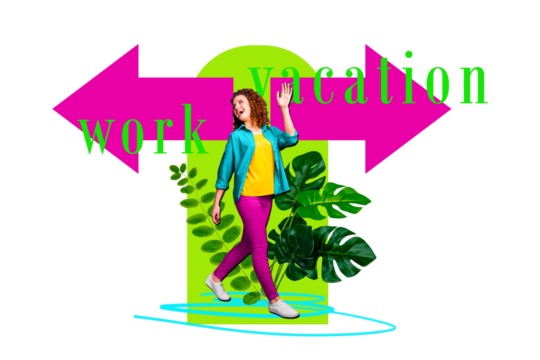 Composite photo collage of happy redhead girl wave hand walk summer day off vacation concept palm leaves isolated on painted background