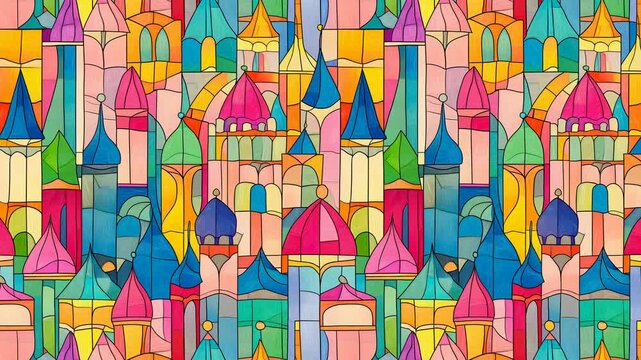 Seamless loop of colorful stained glass castle patterns.